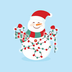 Snowy snowman. Festive and Christmas greeting card. Flat design