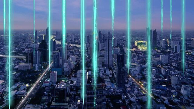 Smart digital city with globalization abstract graphic showing connection network . Concept of future 5G smart wireless digital city and social media networking systems .