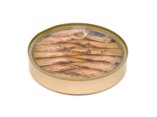Canned sprats in tin can isolated on white
