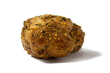 Appetizing baked meat with black pepper isolated on white background close-up