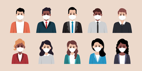 Icon set of business man and business woman wearing medical mask in flat illustration style.