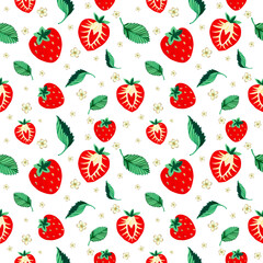 Watercolor hand painted strawberry flower leaf background for web pages, wedding invitations, greeting cards, postcards, textile design, package design