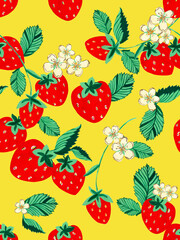 Watercolor hand painted strawberry flower leaf background for web pages, wedding invitations, greeting cards, postcards, textile design, package design