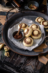 champignon shaped shortbread cookies on metal vintage tray
