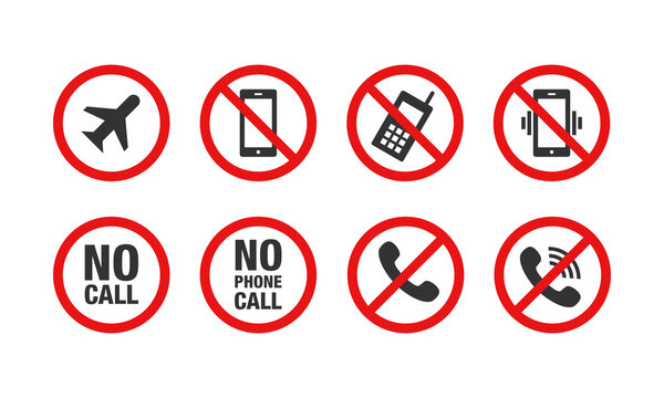 Collection of vector illustrations of the prohibition of using mobile phones. Signs prohibit turning on smart phones. No call sign icon set.