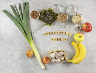 Prebiotic foods for gut health, keto diet, sugar free, dairy free, healthy plant based vegan food.