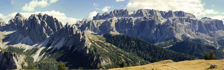 View over Wolkenstein and the cir peaks from the Stevia hut in dolomites, italy, panoramic scenic