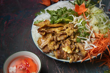 Bun cha, grilled pork with rice noodle and vegetable