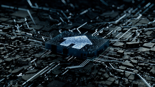 Internet Technology Concept with home symbol on a Microchip. Data flows from the CPU across a Futuristic Motherboard. 3D render.