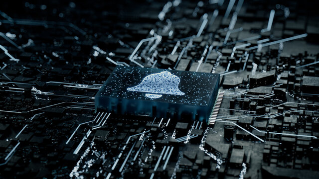 Alert Technology Concept with bell symbol on a Microchip. Data flows from the CPU across a Futuristic Motherboard. 3D render.