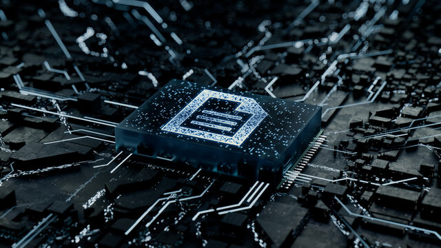 Word document Technology Concept with document symbol on a Microchip. Data flows from the CPU across a Futuristic Motherboard. 3D render.