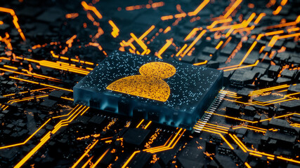 Social Technology Concept with user symbol on a Microchip. Data flows from the CPU across a Futuristic Motherboard. 3D render.
