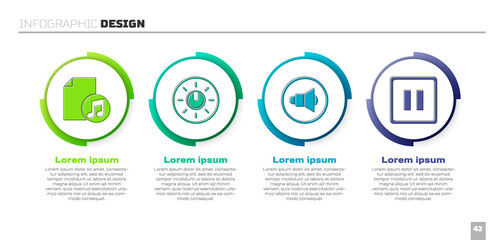 Set Music book with note, Dial knob level technology settings, Speaker volume and Pause button. Business infographic template. Vector.