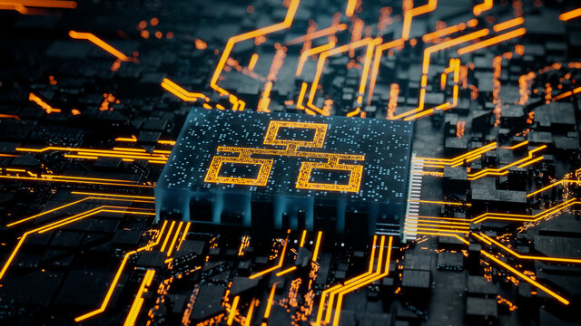 Network Technology Concept with ethernet symbol on a Microchip. Data flows from the CPU across a Futuristic Motherboard. 3D render.