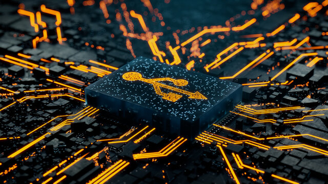 Interface Technology Concept with usb symbol on a Microchip. Data flows from the CPU across a Futuristic Motherboard. 3D render.