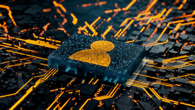 Social Technology Concept with user symbol on a Microchip. Data flows from the CPU across a Futuristic Motherboard. 3D render.