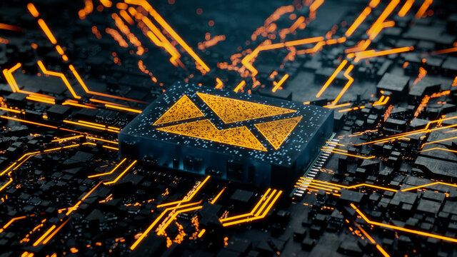 Email Technology Concept with Envelope symbol on a Microchip. Data flows from the CPU across a Futuristic Motherboard. 3D render.