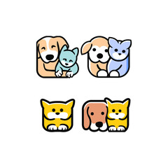 set of Cute funny cats and dogs logo, 
pets cartoon collection. Furry human friends home animals