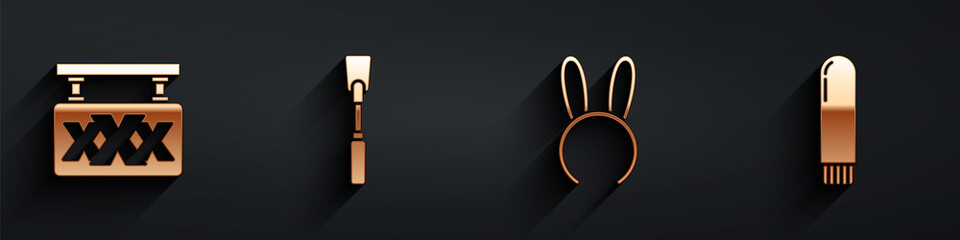 Set Sex shop, Leather whip, Mask with long bunny ears and Dildo vibrator icon with long shadow. Vector. - obrazy, fototapety, plakaty