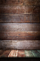 Old grunge textured wooden shelf for product and antique presentation or composing, 3D illustration