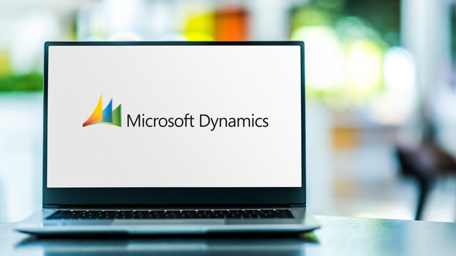 Laptop computer displaying logo of Microsoft Dynamics