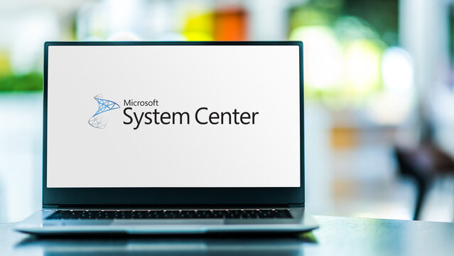 Laptop computer displaying logo of Microsoft System Center