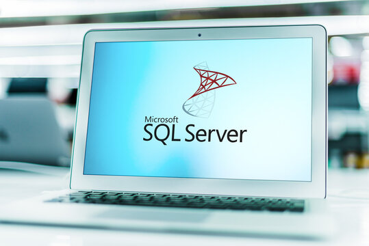 Laptop computer displaying logo of Microsoft SQL Server