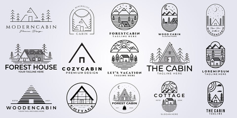 set and bundle of cabin house, cottage, dorm, villa, homestead, barn, homestay, facation logo vector illustration design