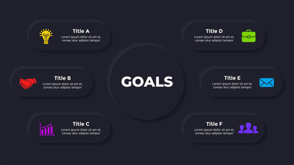 Neumorphic Vector Infographic. Presentation dark slide template. Circles scheme. 6 options. Clean minimal flat style. 