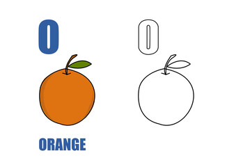 Alphabet O with drawing orange and leaf  for coloring book, plant;