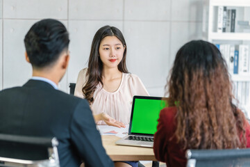 Young Asian woman graduate interviewing with two manager by presentation with technology laptop in meeting room,Job interview with manager, Business Hiring new member concept