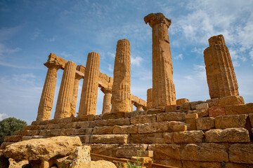 View of the Valle dei Templi near Agrigento in Sicily. A sunny morning with beautiful light emphasizes the charms of Greek ruins.