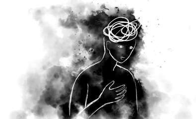 Mental health concept digital illustration. Depression, regret, anxiety and stress. - obrazy, fototapety, plakaty