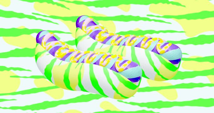 Minimal motion design. 3d creative hot dog moves in abstract animal pattern space.4k video Food, vegan funny fast food concept.