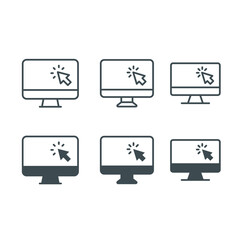 Computer monitor click cursor line and glyph icon set. Simple outline and solid style sign for mobile concept and web design. Mouse, PC, desktop, display. Vector illustration. EPS 10