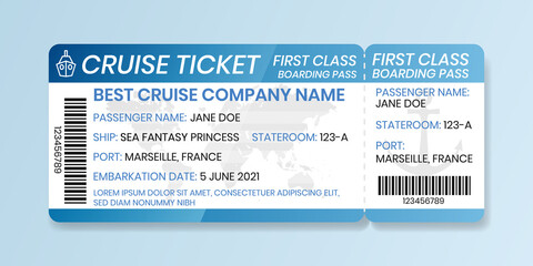 Cruise boarding pass design template. Ferry boat ticket mockup. Vector illustration of control coupon for access to ship, with barcode