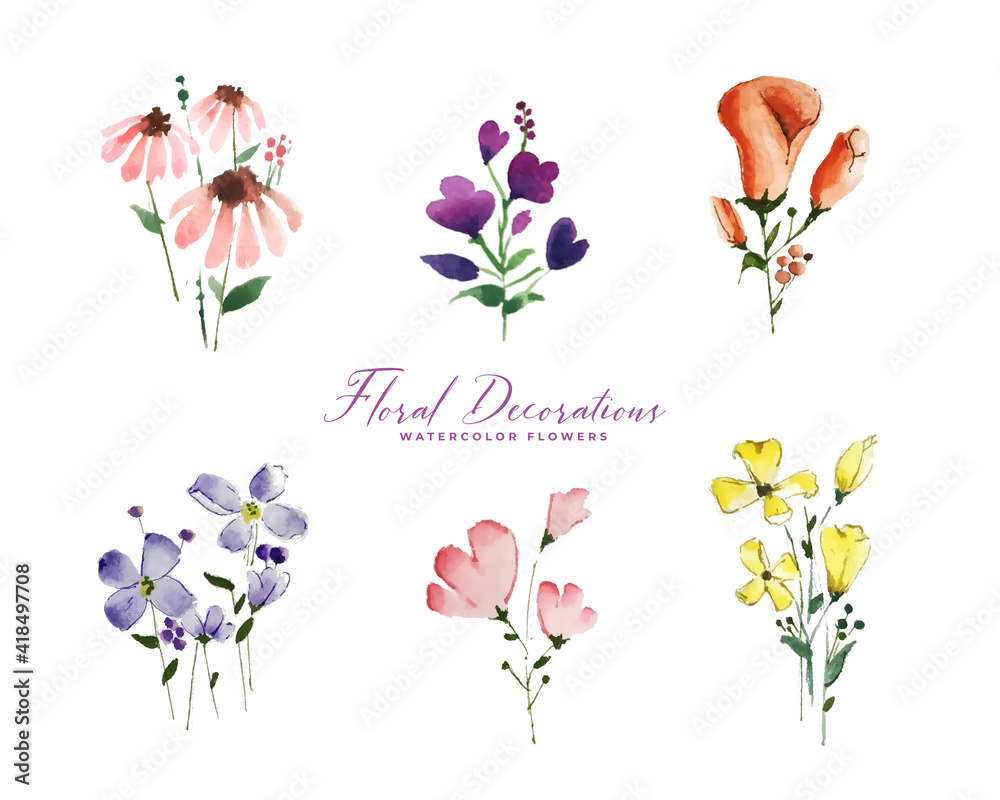 Wall mural set of isolated cute watercolor flowers elements