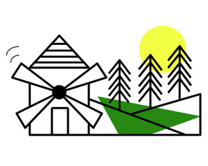 Line icon. Mill and forest on a white background. illustration in a modern flat linear style. 