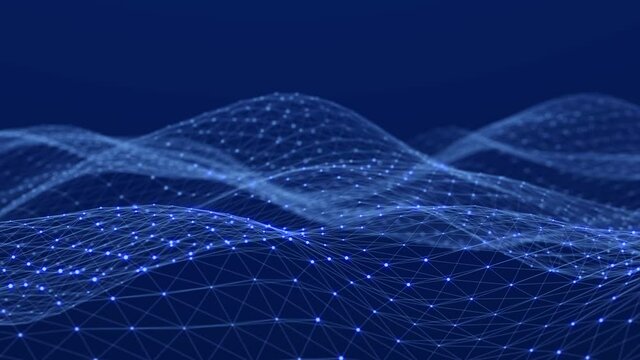Dynamic wave with many dots. Abstract motion background of colored dots. Technology or science. 3d rendering Seamless loop. 4K