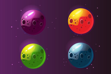 Set of bright planets for game or app design. Illustration on a dark background.