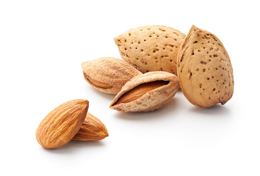 Group of almonds with shell isolated on white - clipping path included