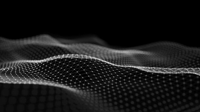 Digital dynamic wave of particles. Abstract dark futuristic background. Big data visualization. 3D rendering.