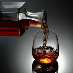  Whiskey is poured from a decanter into a frozen glass with natural ice.