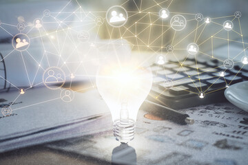 Naklejka premium Double exposure of social network theme drawings and desk with open notebook background. Concept of people connection