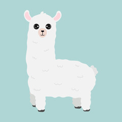Illustration of cute alpaca isolated on blue background. Illustration for posters, greeting card, decoration.