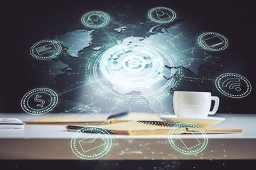 Double exposure of social network drawing and desktop with coffee and items on table background. Concept of international connection.