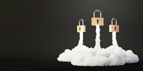 Padlock rocket, safety and self confidence concepts, 3d rendering