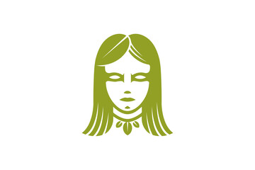 Green Leaf Woman Face Logo Template