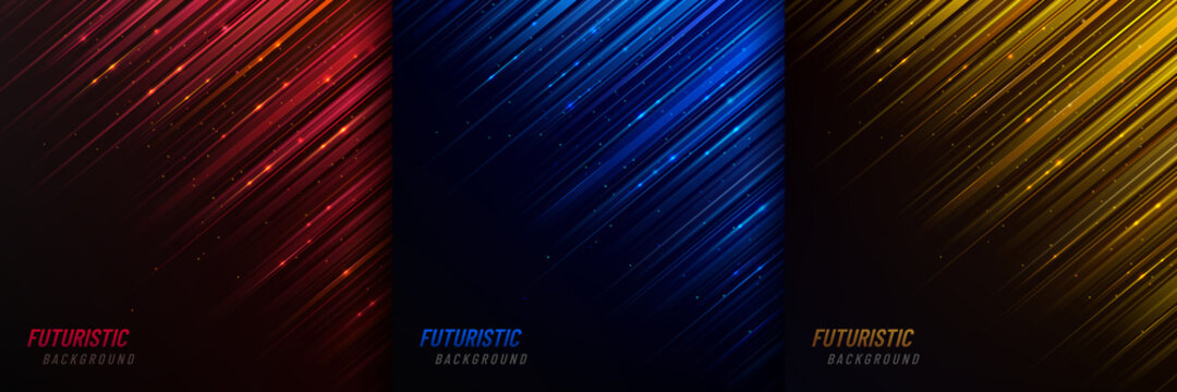 Set of abstract dynamic red, blue, yellow, striped diagonal stripes lines light and glitter overlap on black background with copy space. Modern futuristic concept. Vector illustration