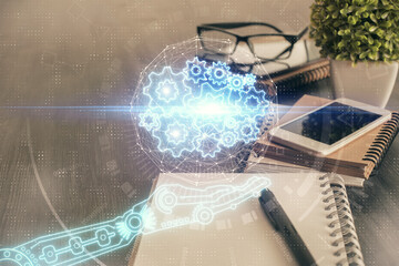 Double exposure of data theme drawing and mobile phone background. Concept of innovation